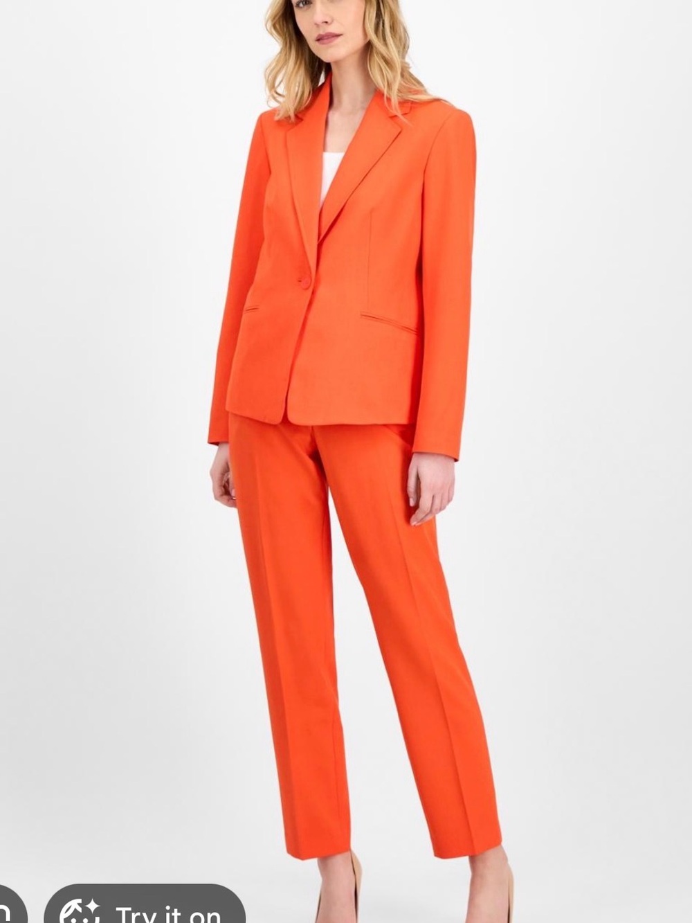 Le Suit Red Orange Tangerine Tailored Women's Pantsuit Trousers Set with Blazer